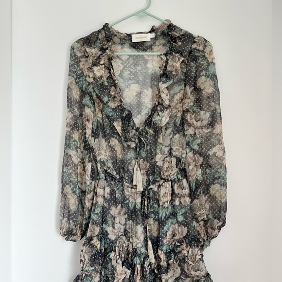 Zimmermann 0 XS Silk Floral Long Sleeve Tiered Ruffle Mini Dress - Picture 5 of 10